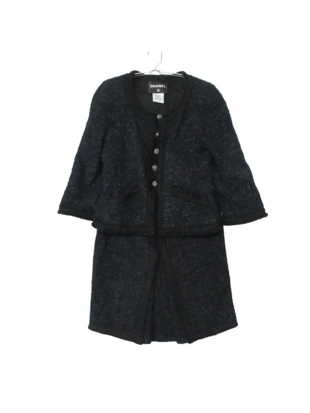 Chanel Suit Tweed Collarless Jacket CC Logo Button Front Slit Skirt Dark Navy 36